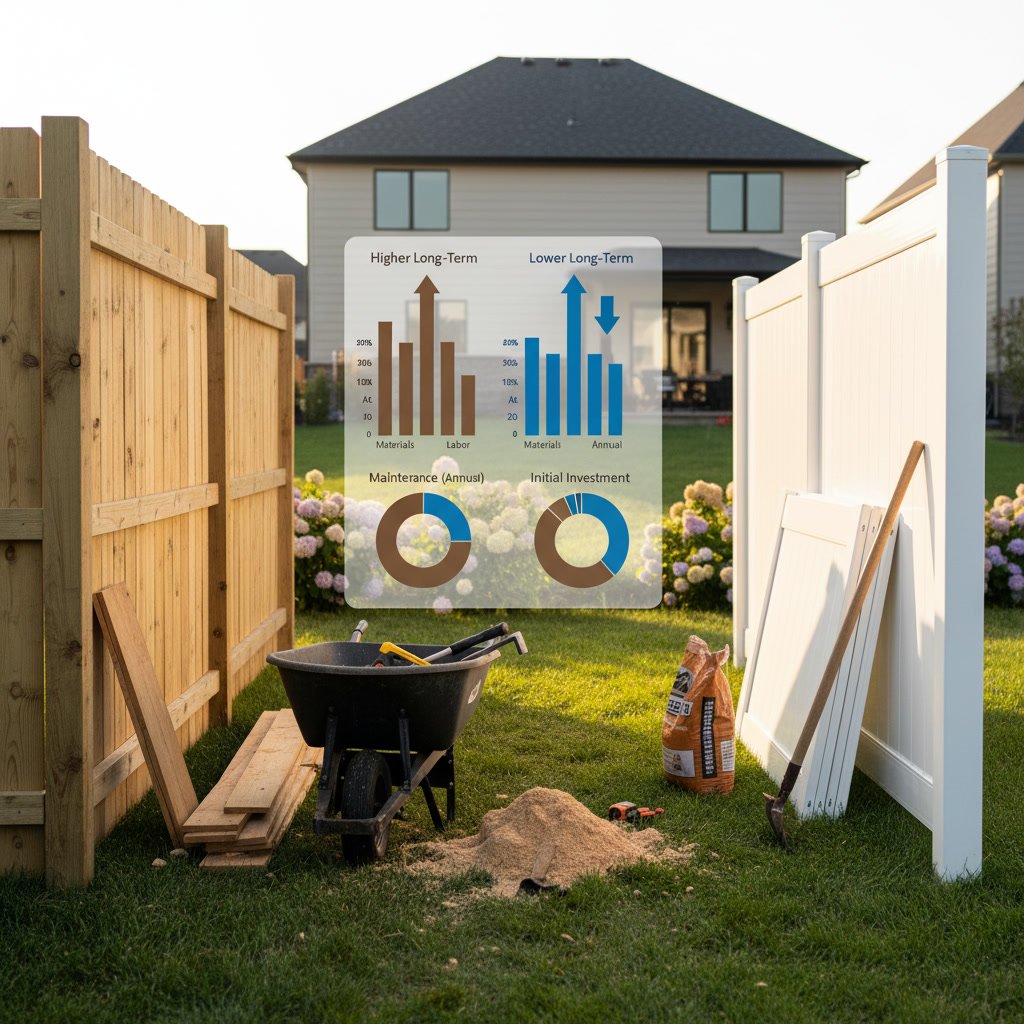 Wood fence and vinyl fence side by side comparison in residential backyard