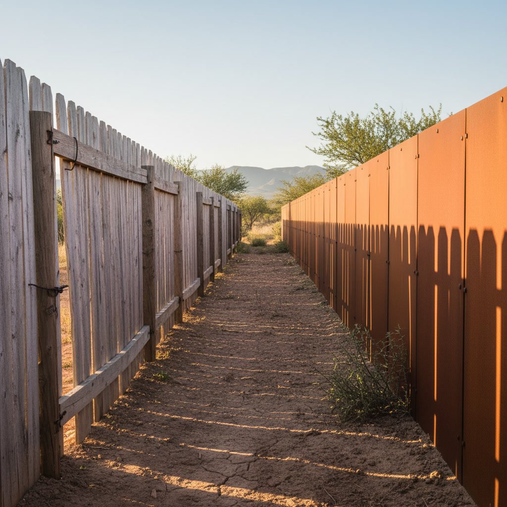 Different fence materials displayed side by side in Texas backyard