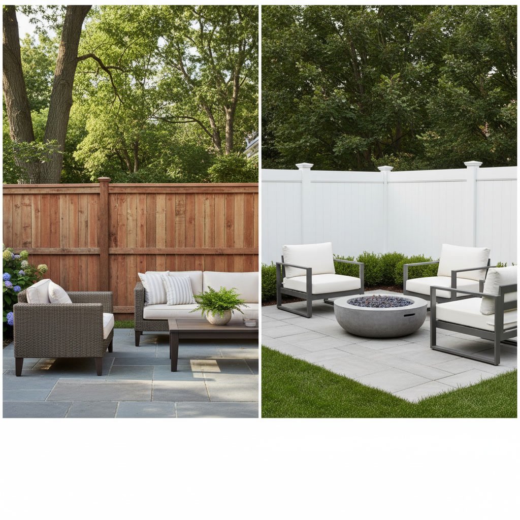Modern residential property with wood and vinyl fencing options displayed