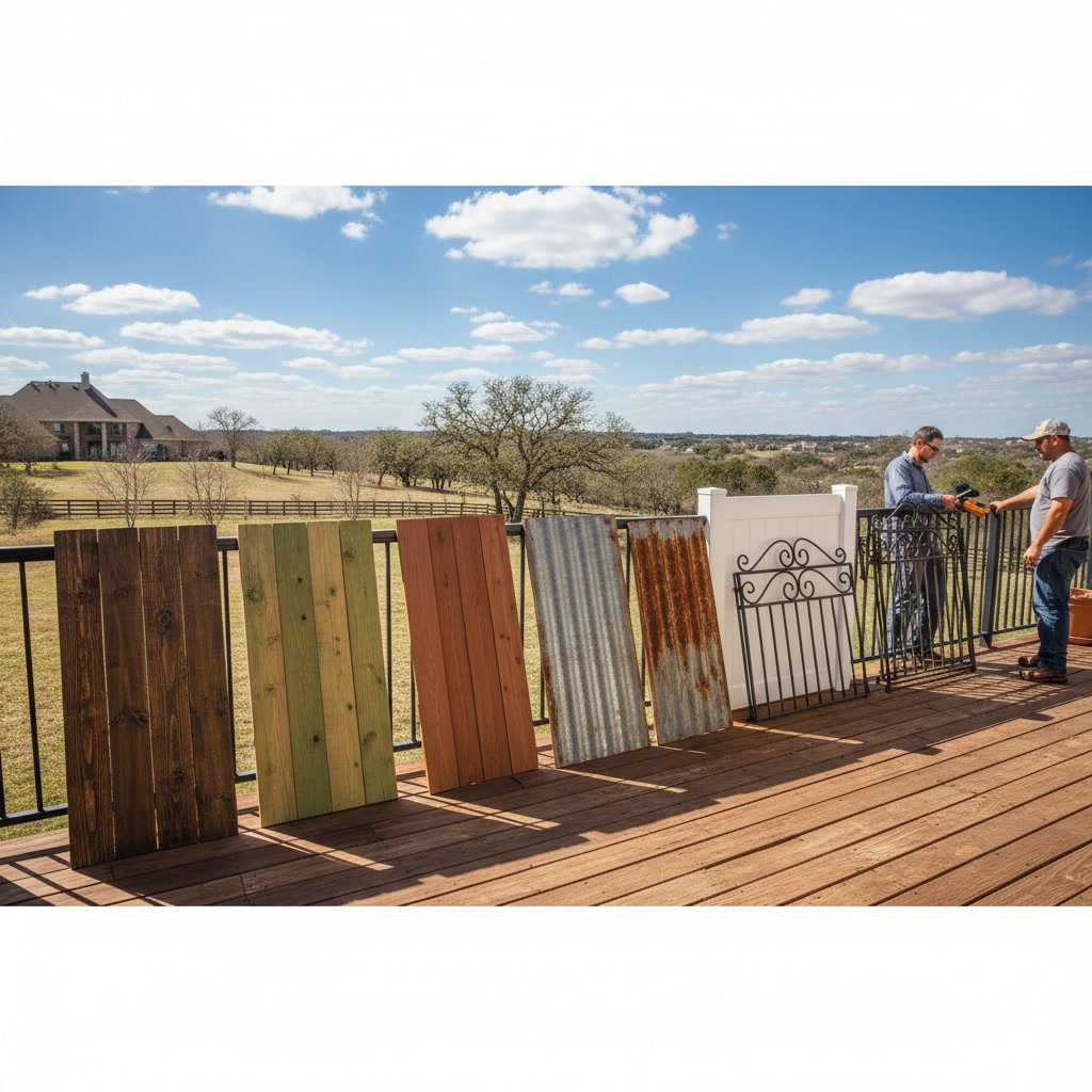 Professional fence installation showing various materials in North Texas residential yard