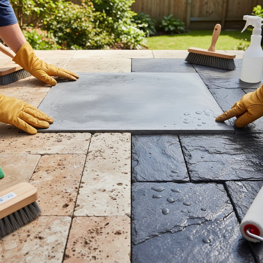 Homeowner inspecting patio surface before sealing preparation