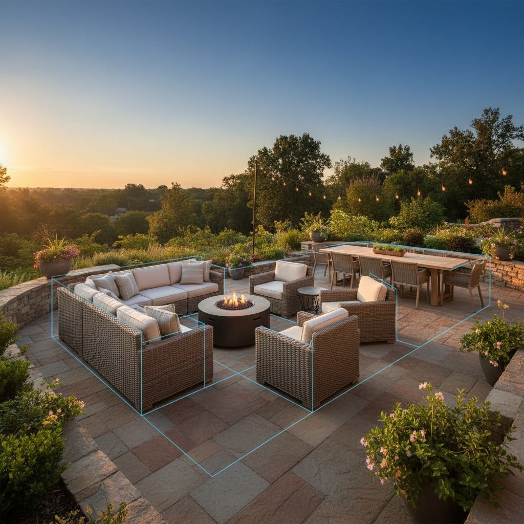 Outdoor patio with furniture layout showing proper spacing and clearance