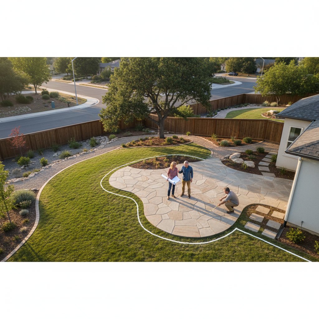 Corner lot property with irregular yard boundaries and patio planning considerations