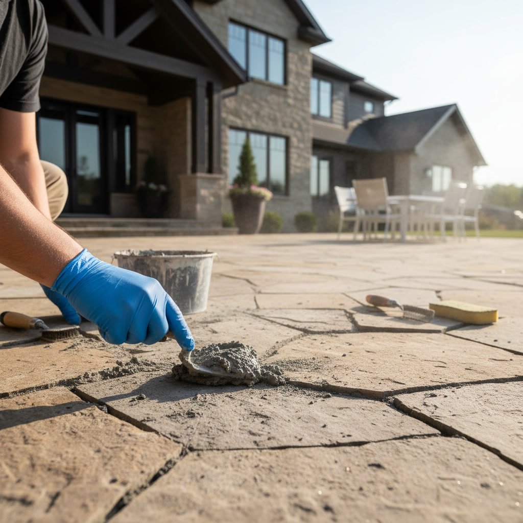 Close-up of crack repair in concrete patio surface