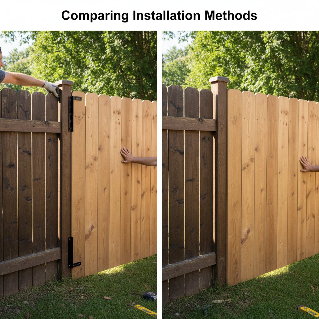 Close-up of metal bracket attaching privacy screen extension to wooden fence post