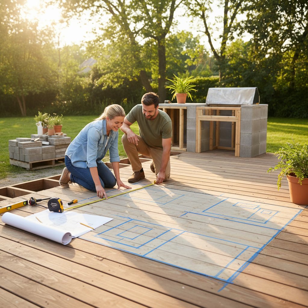 Homeowner measuring backyard space with stakes and string for patio planning