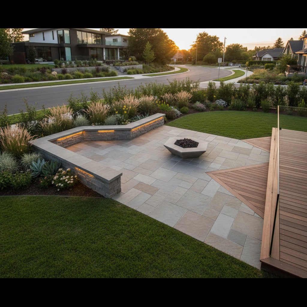 Angled patio design following irregular property boundaries with multiple zones