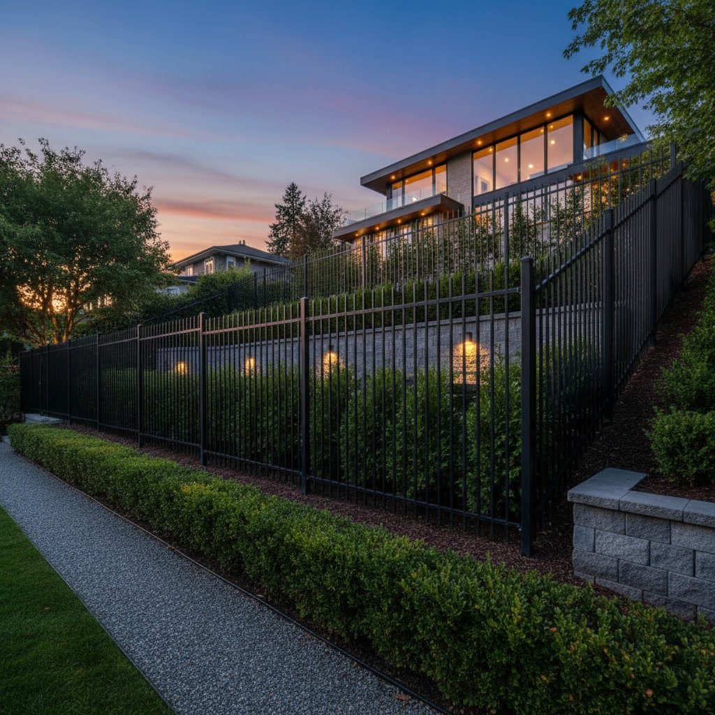 Stepped privacy fence installation on steep residential slope