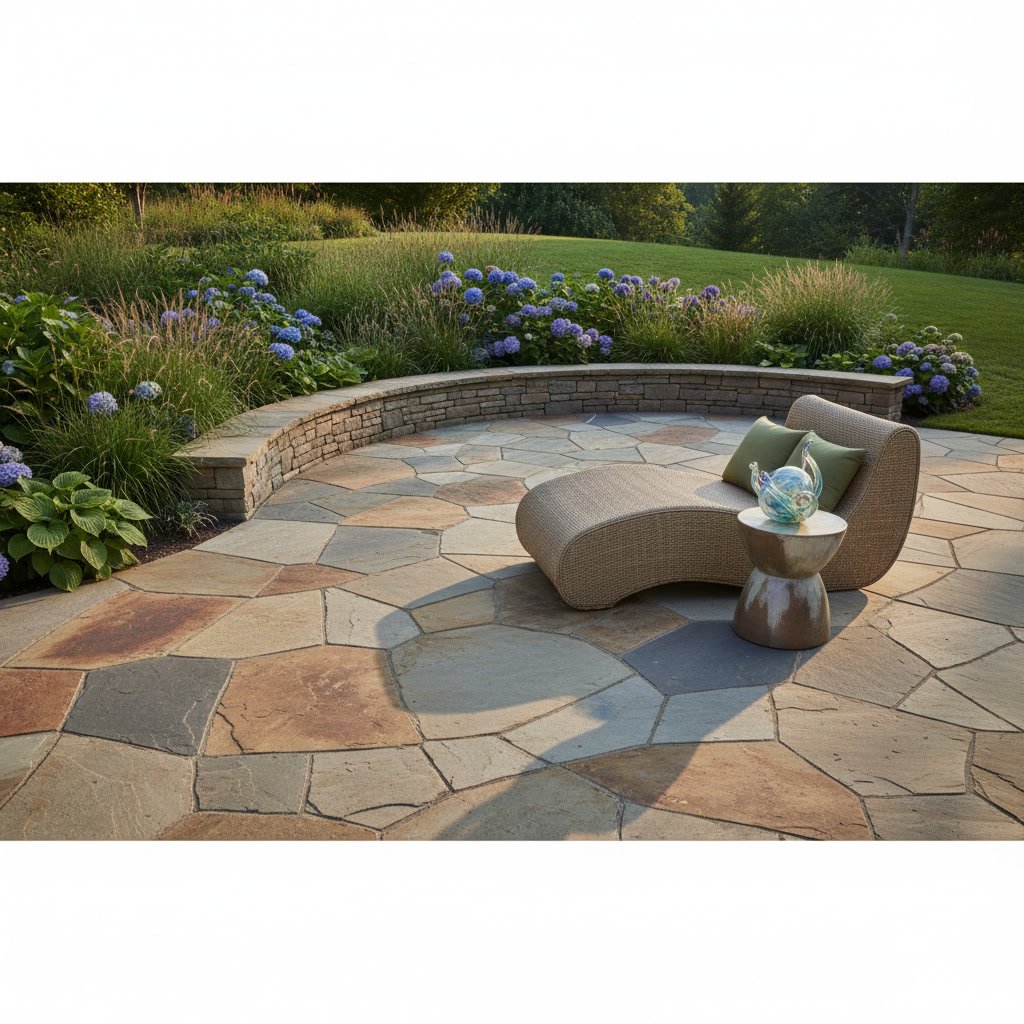 Various patio materials including pavers and flagstone for curved irregular patio shapes