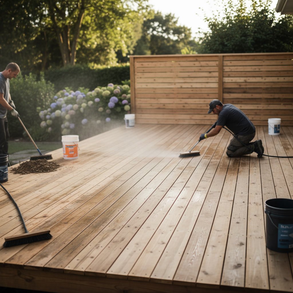 Residential patio being prepared for sealing with cleaning equipment