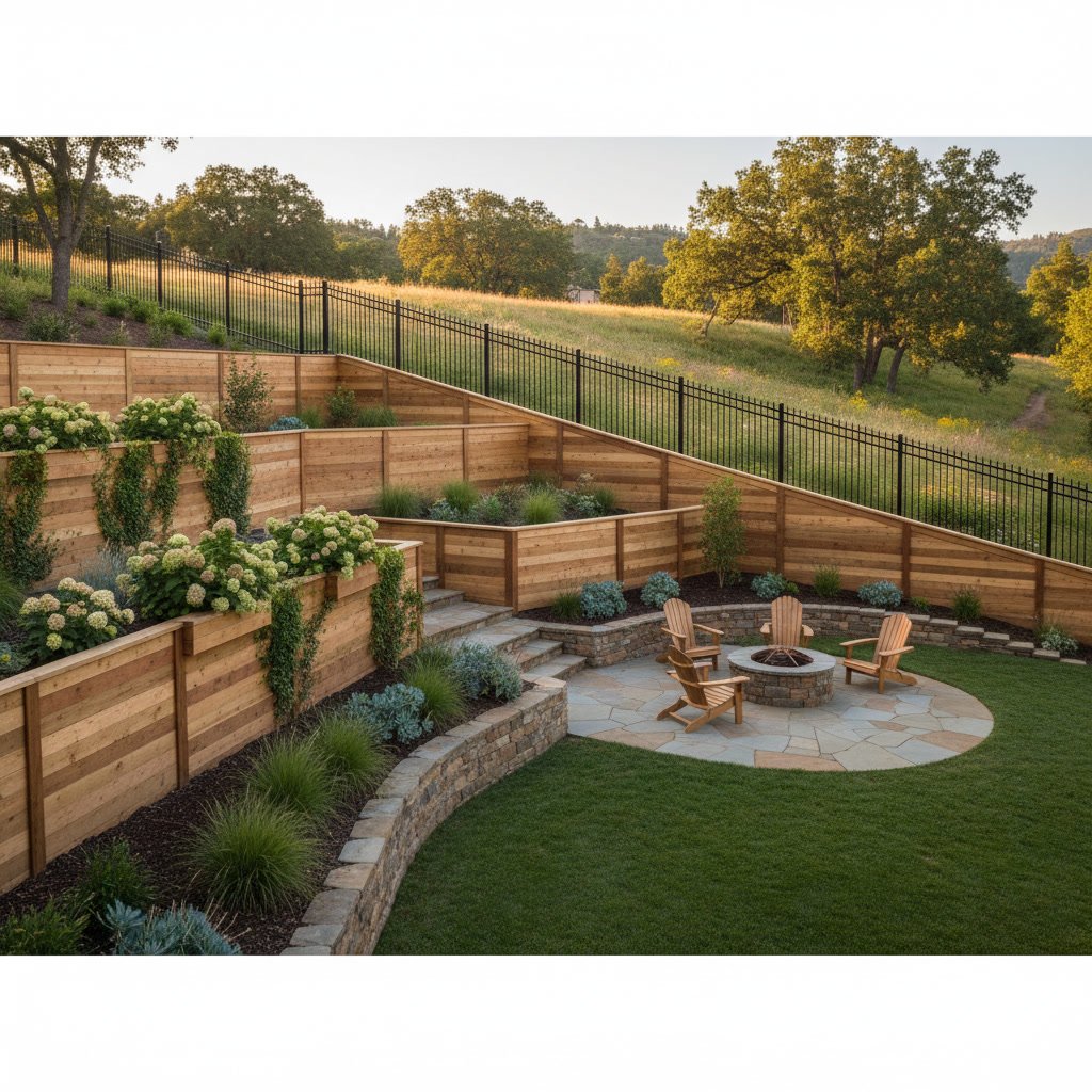 Professional fence installation on sloped residential yard in North Texas