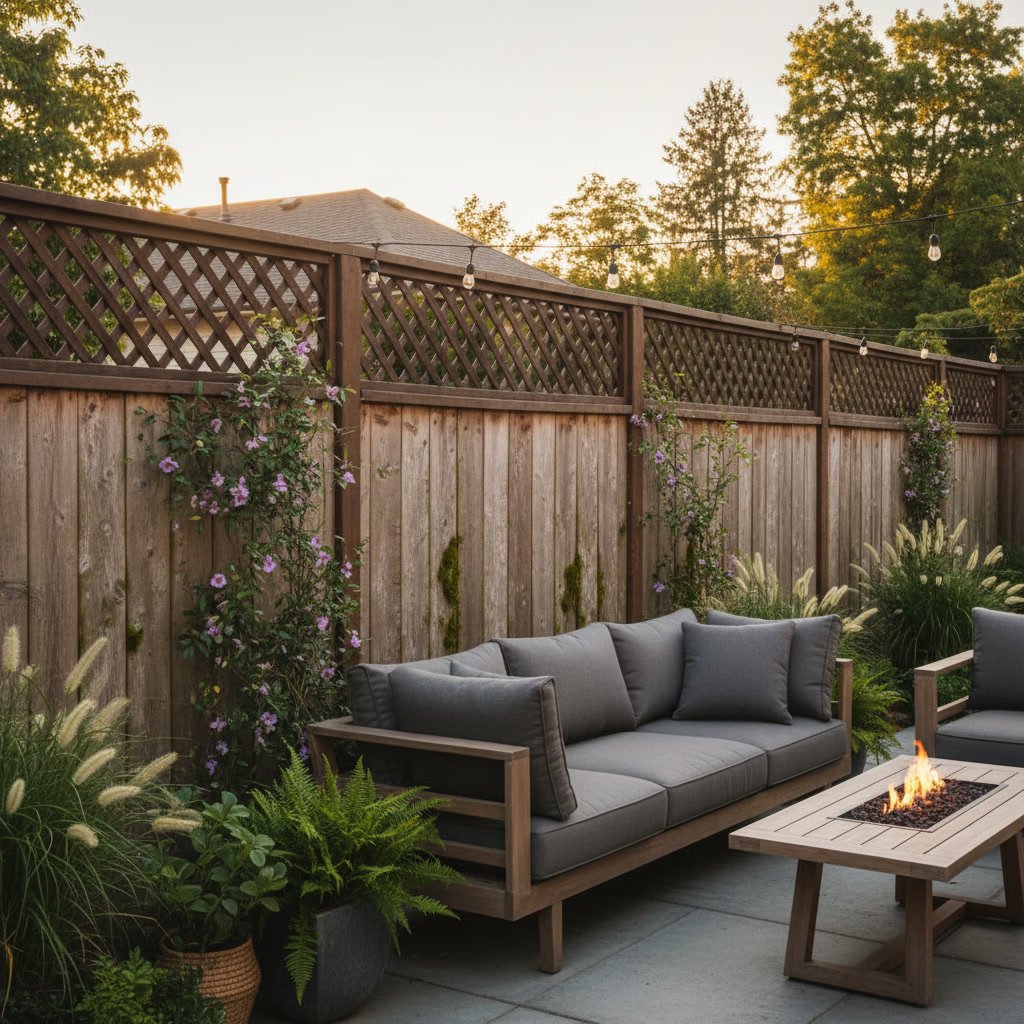 Wooden fence with lattice privacy extension adding extra height in residential backyard