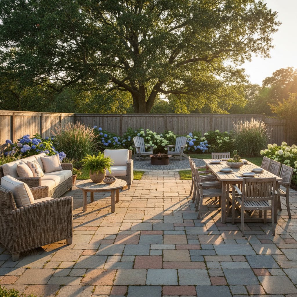 Well-proportioned backyard patio with outdoor furniture and landscaping