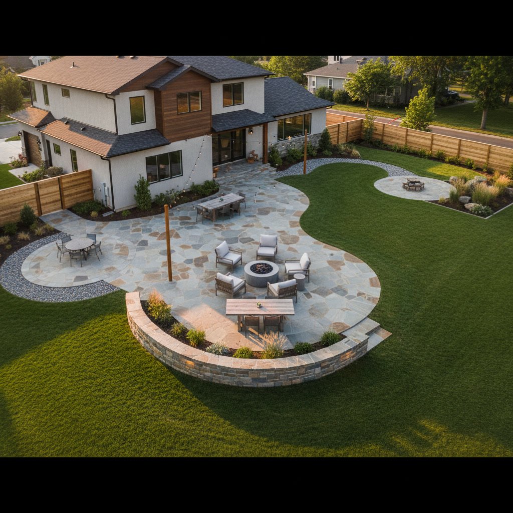 Custom patio design on corner lot with irregular yard boundaries and multiple outdoor zones